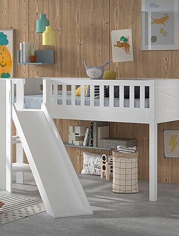 Lit mi-hauteur toboggan en pin massif et imitation bois AXEL