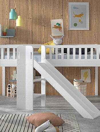 Lit mi-hauteur toboggan en pin massif et imitation bois AXEL
