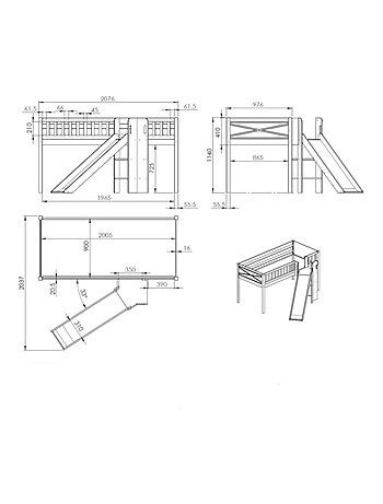 Lit mi-hauteur toboggan en pin massif et imitation bois AXEL