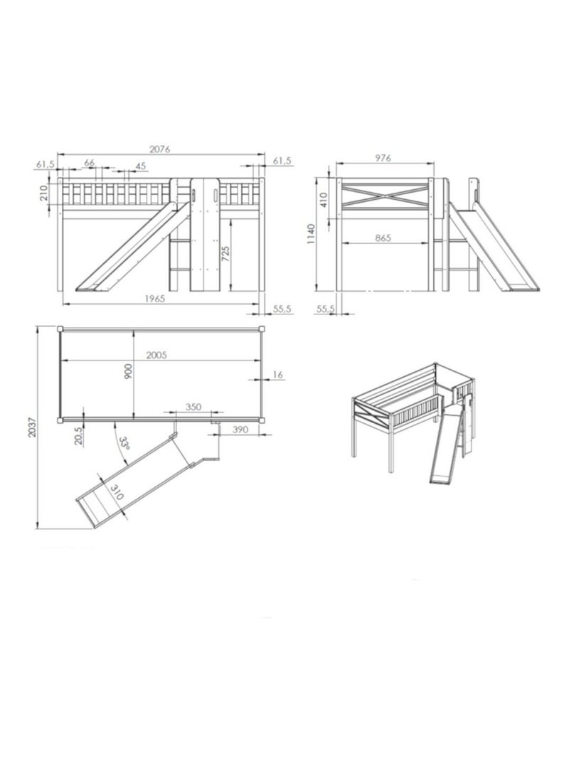 Lit mi-hauteur toboggan en pin massif et imitation bois  AXEL Blanc - Kiabi