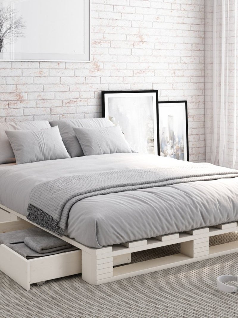 Lit palette avec tête de lit pin massif  SIMÉON Blanc - Kiabi