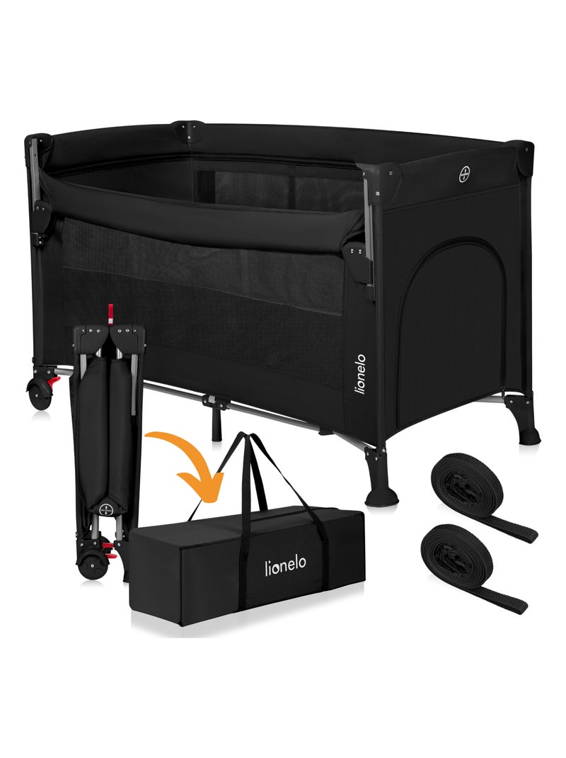 Lit parapluie 3en1 LIONELO Ellen - Lit cododo - Parc bébé - Matelas haute densité - Roulettes Noir - Kiabi