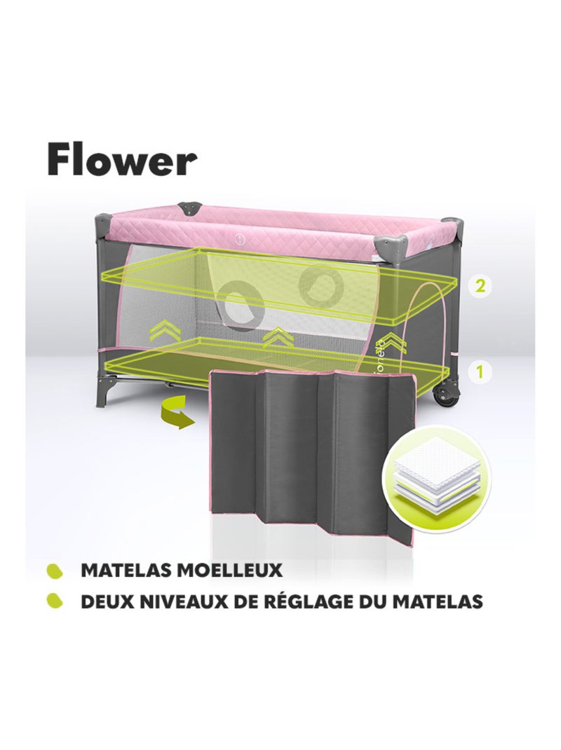 Lit parapluie 3en1 LIONELO Flower - Parc bébé - 0-36 mois - Pliage rapide - Roulettes Blanc Rose Gris - Kiabi