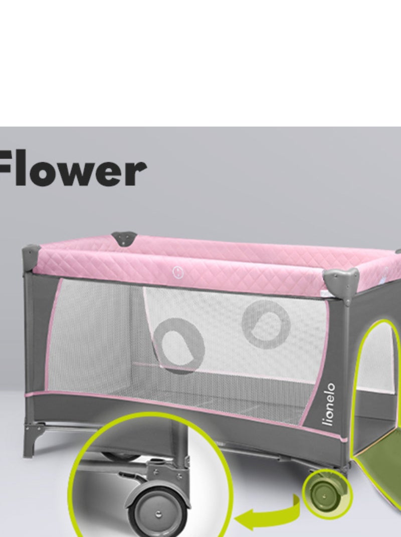 Lit parapluie 3en1 LIONELO Flower - Parc bébé - 0-36 mois - Pliage rapide - Roulettes Blanc Rose Gris - Kiabi