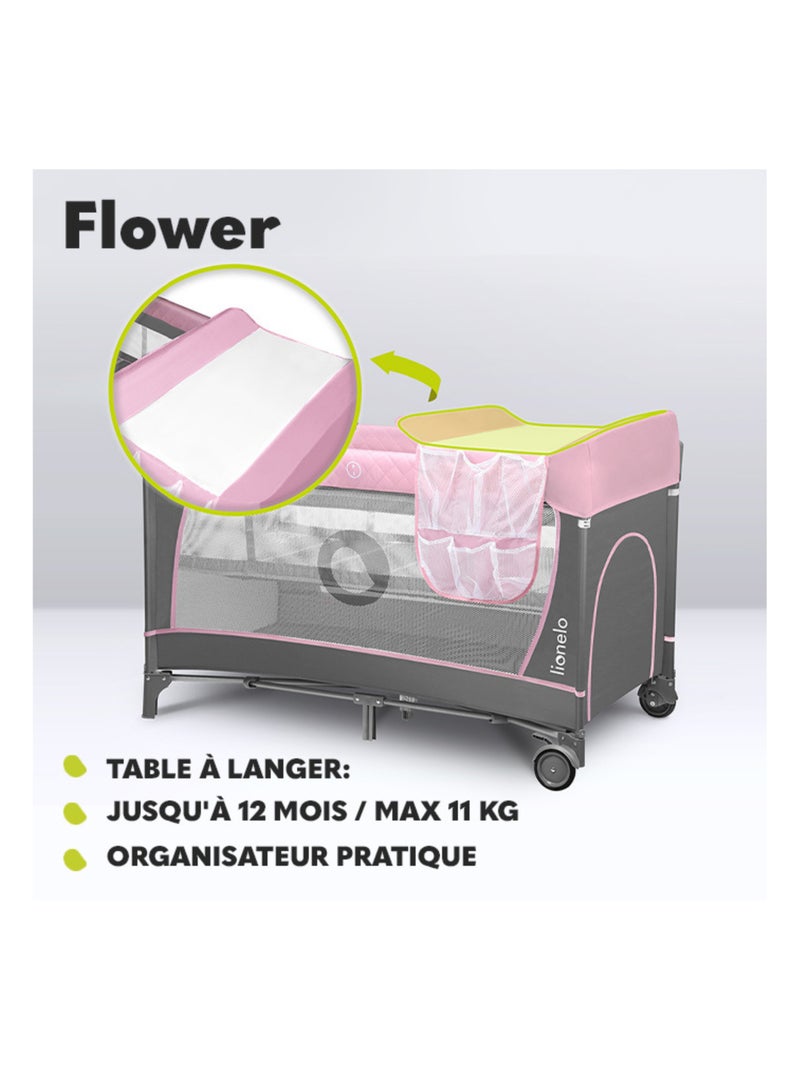 Lit parapluie 3en1 LIONELO Flower - Parc bébé - 0-36 mois - Pliage rapide - Roulettes Blanc Rose Gris - Kiabi
