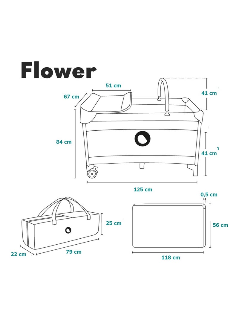 Lit parapluie 3en1 LIONELO Flower - Parc bébé - 0-36 mois - Pliage rapide - Roulettes Blanc Rose Gris - Kiabi