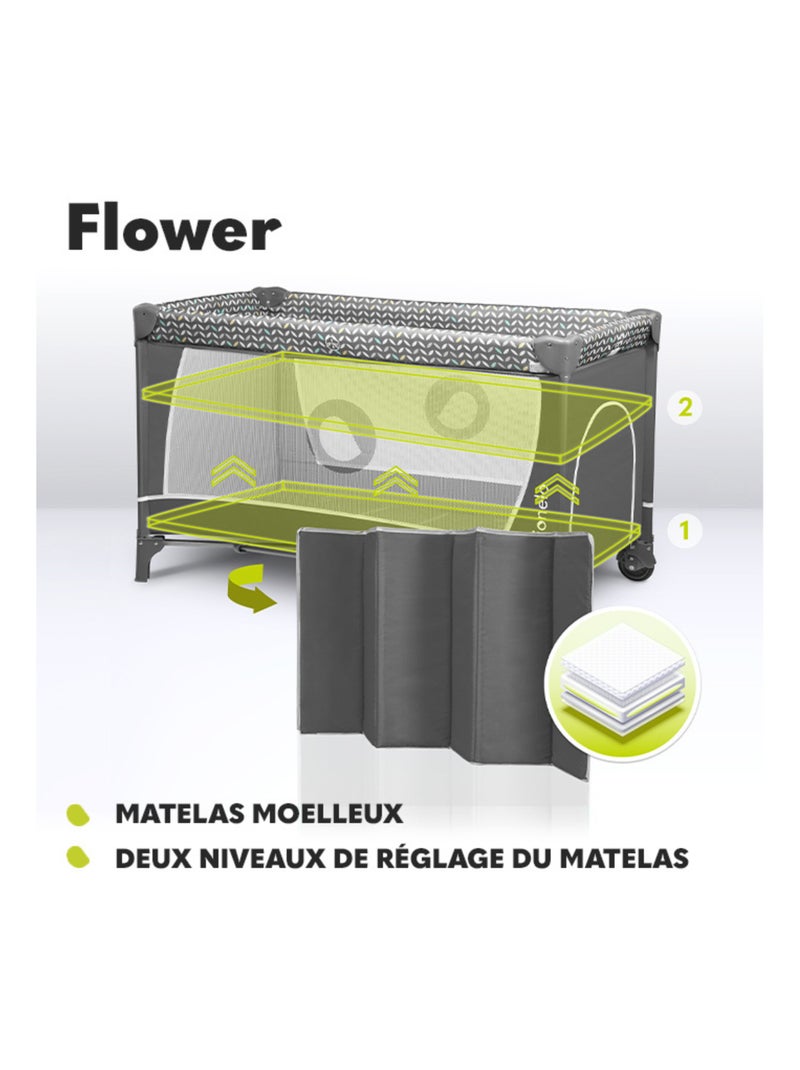 Lit parapluie 3en1 LIONELO Flower - Parc bébé - 0-36 mois - Pliage rapide - Roulettes Gris foncé - Kiabi