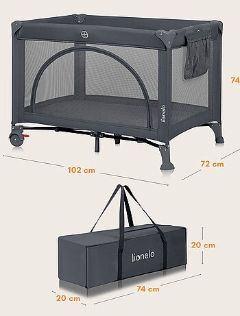 Lit parapluie 3en1 LIONELO Laura - Parc bébé - Matelas haute densité - Roulettes - 0-36 mois