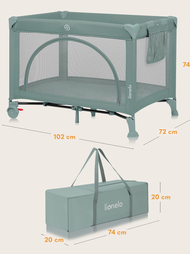 Lit parapluie 3en1 LIONELO Laura - Parc bébé - Matelas haute densité - Roulettes - 0-36 mois Vert - Kiabi