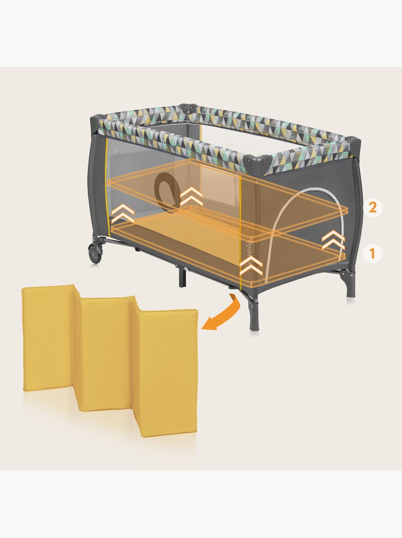 Lit parapluie 3en1 LIONELO Sven Plus - Parc bébé - 0-36 mois - Table à langer - Moustiquaire Gris Jaune - Kiabi