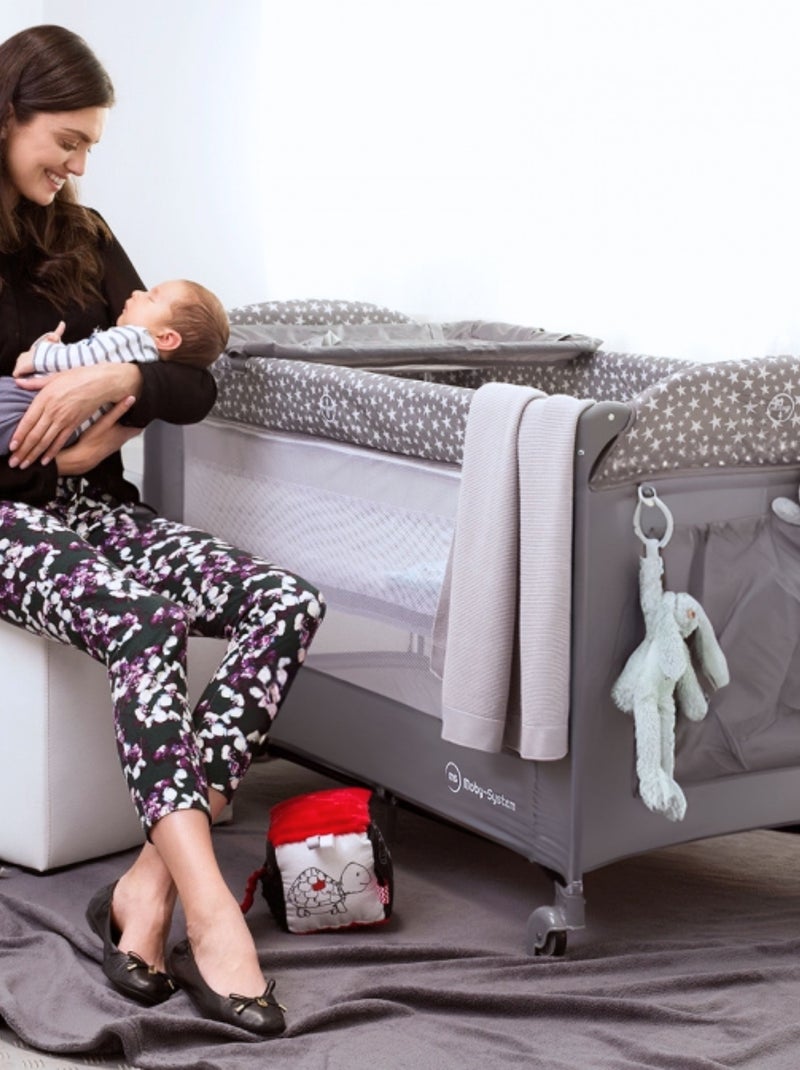 Lit Parapluie Bébé 2 niveaux de matelas (Haut 0-6 mois, Bas 6-36 mois), Pliable Gris - Kiabi