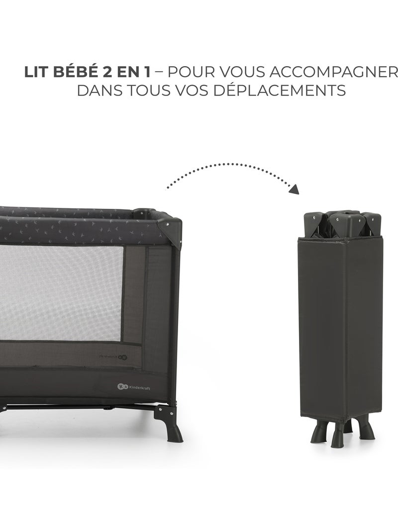 Lit parapluie Kinderkraft JOY LIGHT 2 EN 1 avec sac de transport, entrée zippée et maille Noir - Kiabi