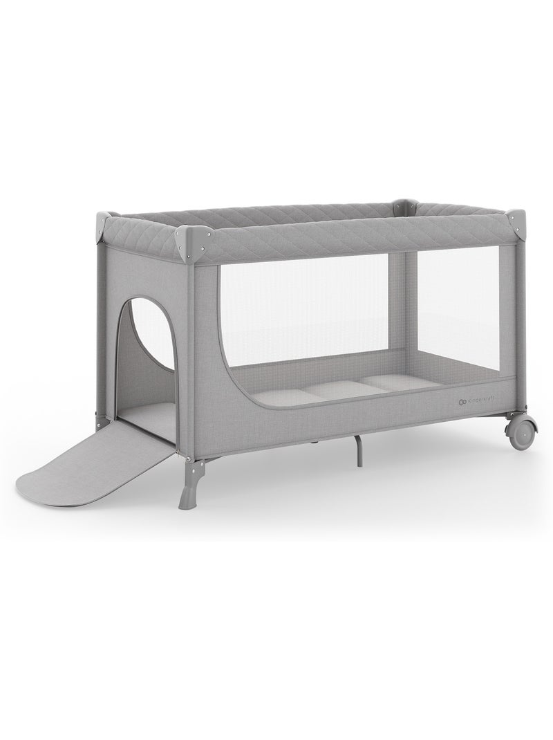 Lit parapluie Kinderkraft LEODY UP 2-en-1 parc 2 niveaux entrée zippée roulettes table à langer Gris - Kiabi