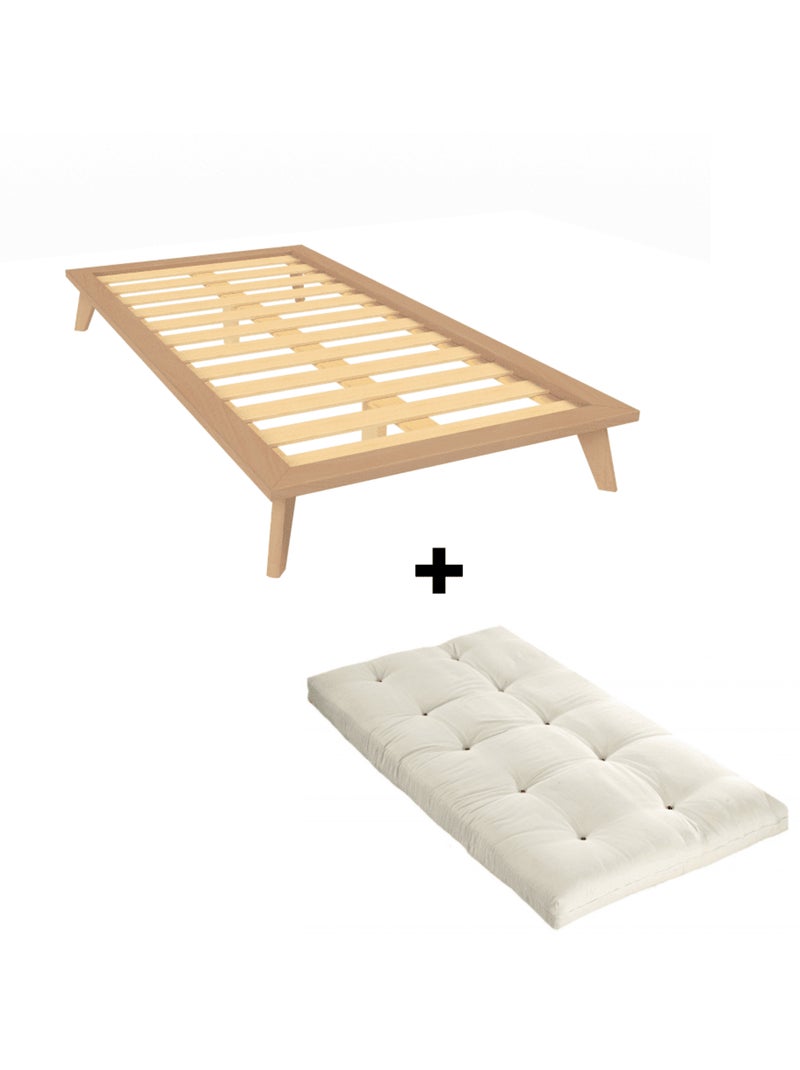 Lit plateforme avec futon en hêtre naturel  YUMI Bois naturel - Kiabi