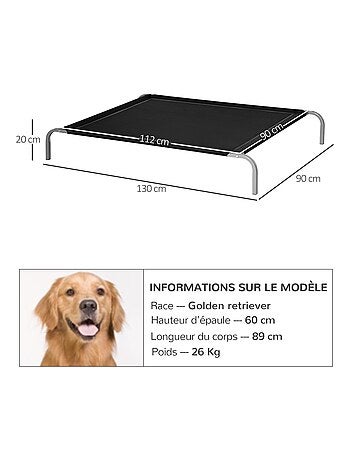 Lit pour chien chat XXL sur pied métal textilène noir