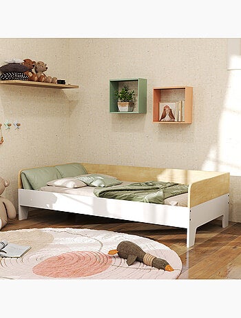 Lit pour enfant 3-8 ans style nordique - sommier à lattes inclus - blanc effet bois clair