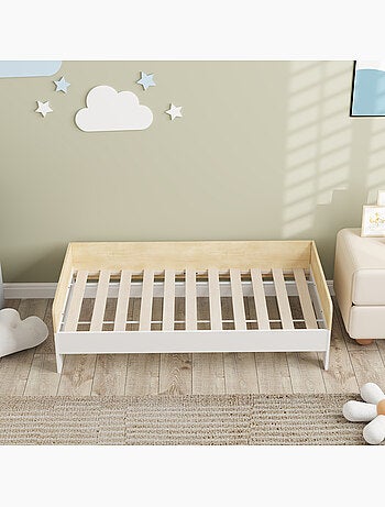Lit pour enfant 3-8 ans style nordique - sommier à lattes inclus - blanc effet bois clair