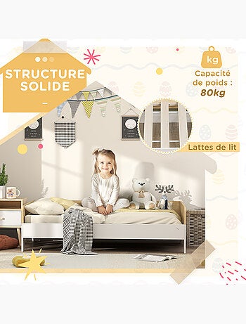 Lit pour enfant 3-8 ans style nordique - sommier à lattes inclus - blanc effet bois clair