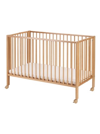 Lit pour enfant à barreaux pliable 60x120 cm avec matelas, Bois naturel Tissi