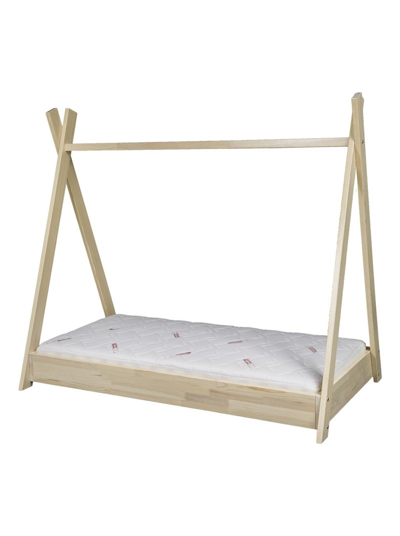 Lit pour enfant Maison 2-en-1 avec Tente Cabane en Bois Naturel (160x80 cm) avec matelas Marron clair - Kiabi