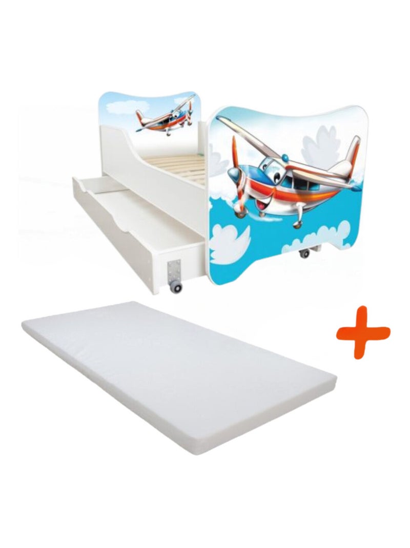 Lit pour enfant modèle Avion avec tiroir de rangement et Matelas - couchage 70 x140 cm Multicolore - Kiabi