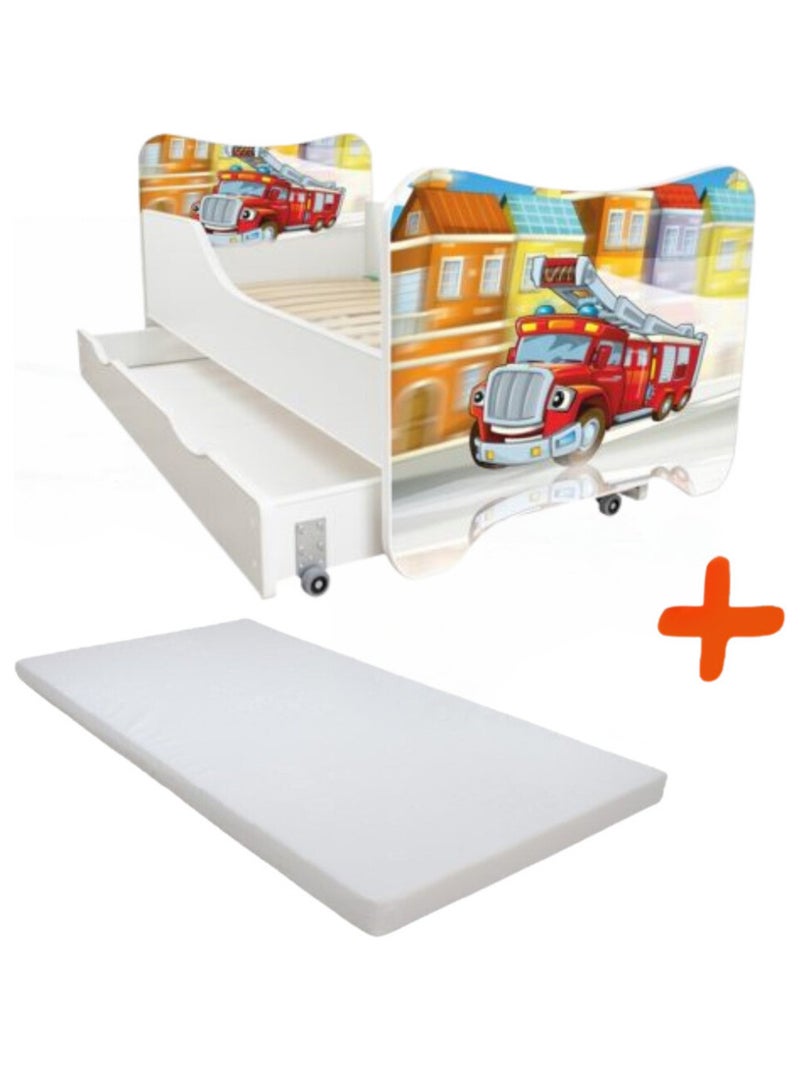 Lit pour enfant modèle camion de pompier avec tiroir de rangement et Matelas - couchage 70 x140 cm Rouge - Kiabi