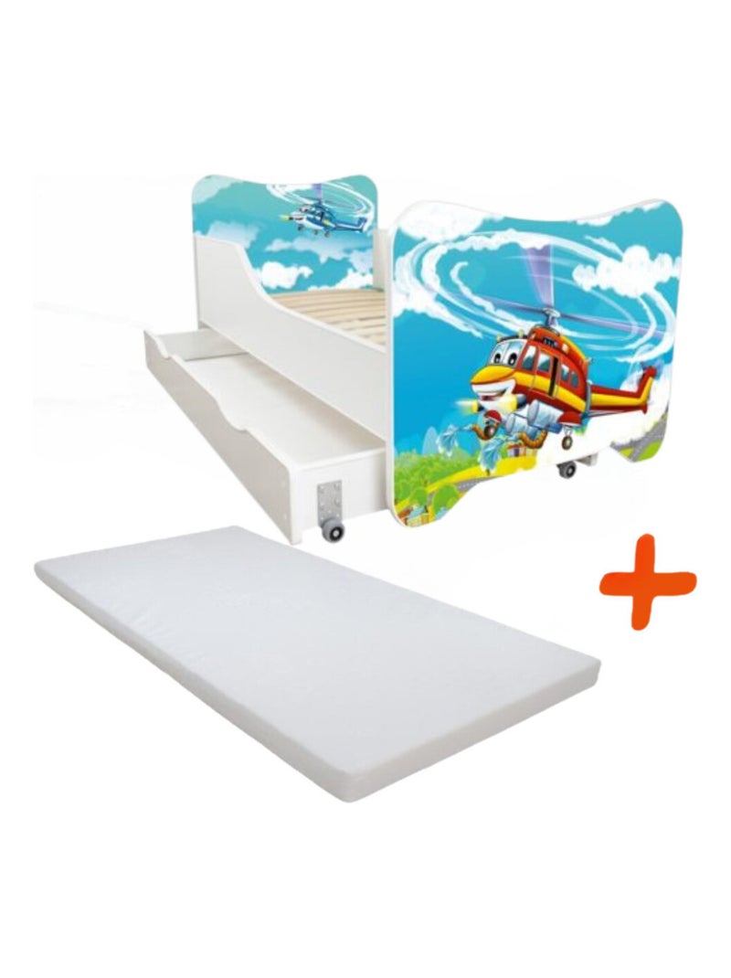 Lit pour enfant modèle Hélicoptère avec tiroir de rangement et Matelas - couchage 70 x140 cm Multicolore - Kiabi