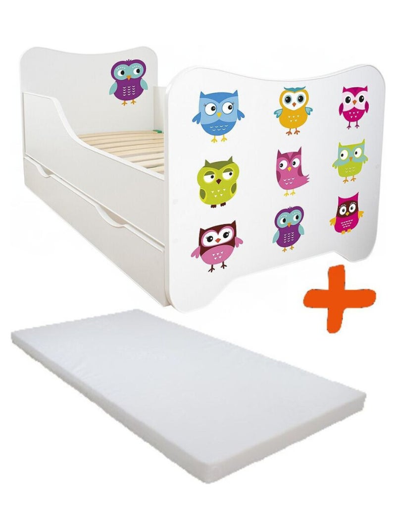 Lit pour enfant modèle hiboux avec tiroir de rangement et Matelas - couchage 70 x140 cm Multicolore - Kiabi