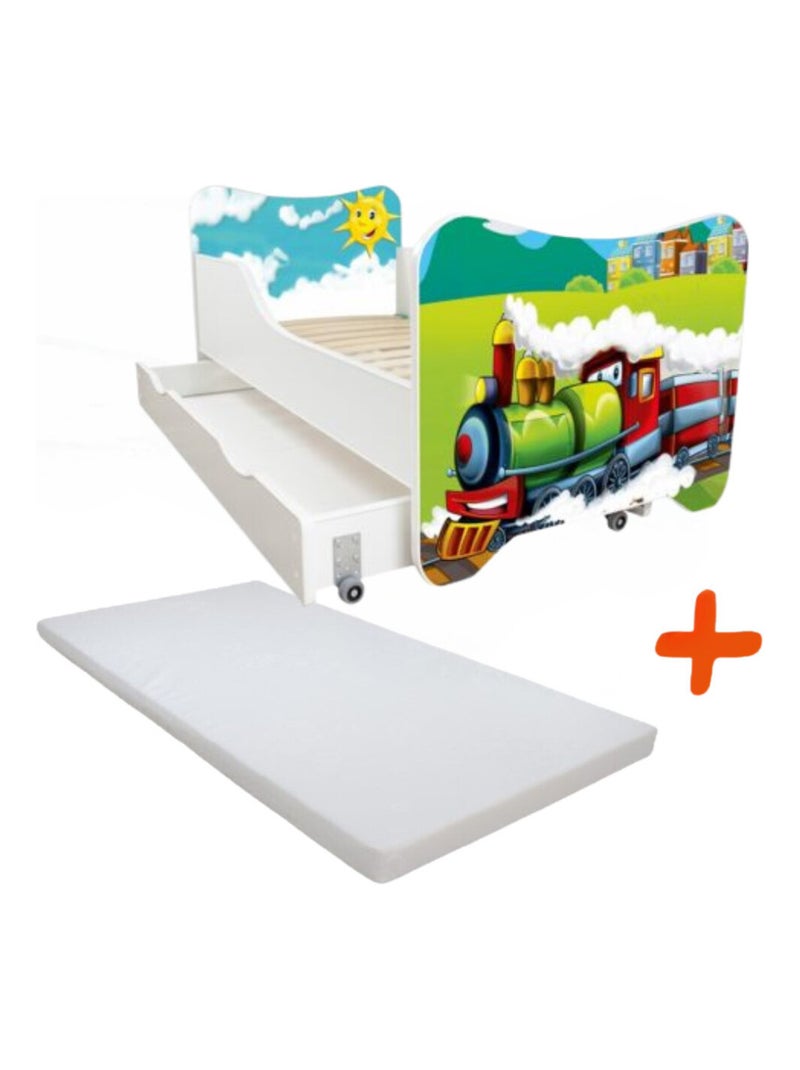 Lit pour enfant modèle train vert avec tiroir de rangement et Matelas - couchage 70 x140 cm Vert - Kiabi