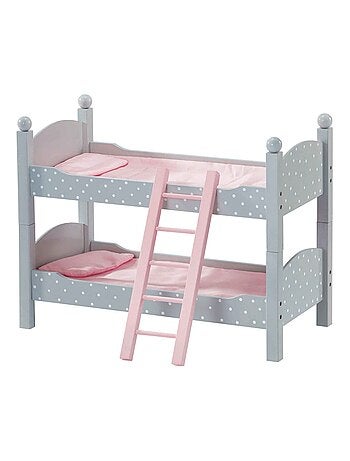 Lit superposé poupée bois à pois avec échelle et literie, 46 cm, Gris