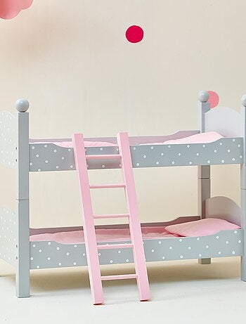 Lit superposé poupée bois à pois avec échelle et literie, 46 cm, Gris
