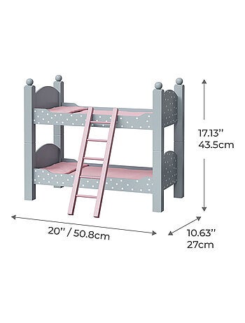 Lit superposé poupée bois à pois avec échelle et literie, 46 cm, Gris