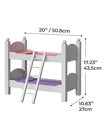 Lit superposé poupée bois avec échelle et literie, 46 cm, Blanc