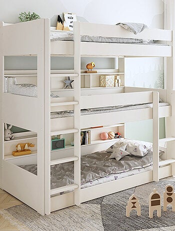 Lit superposé triple avec rangements pin massif EDOUARD