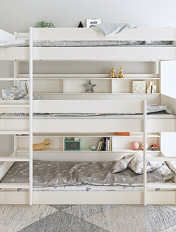 Lit superposé triple avec rangements pin massif EDOUARD