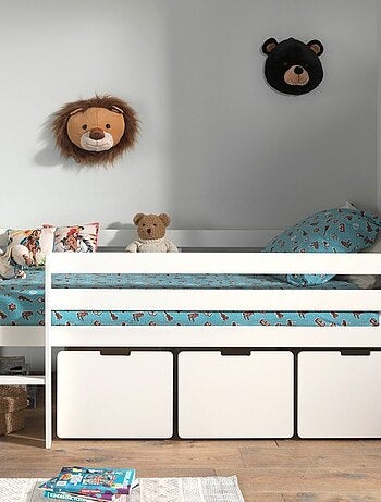 Lit surélevé et tiroirs pin massif et imitation bois ARMANCE & FAUSTIN