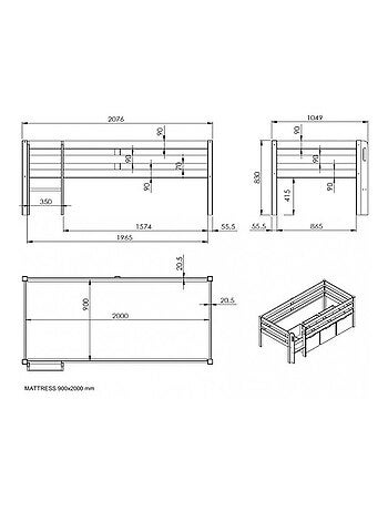 Lit surélevé et tiroirs pin massif et imitation bois ARMANCE & FAUSTIN