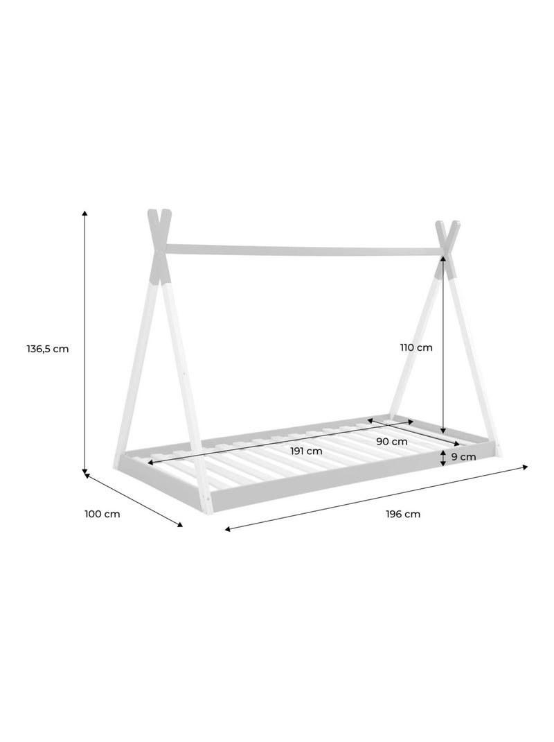 Lit tipi enfant 90 x 190cm bois de pin sommier à lattes inclus Tobias Blanc - Kiabi