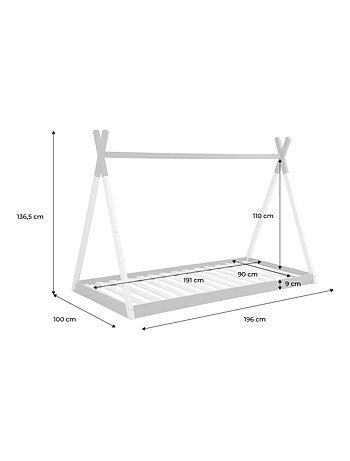 Lit tipi enfant 90 x 190cm bois de pin sommier à lattes inclus Tobias