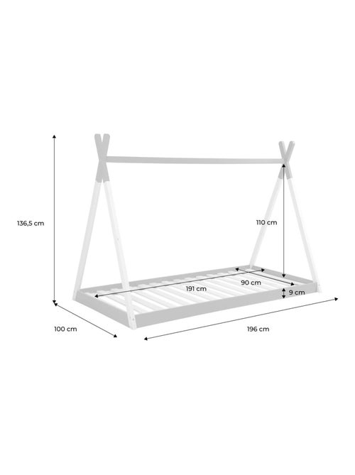 Lit tipi enfant 90 x 190cm bois de pin sommier à lattes inclus Tobias - Kiabi