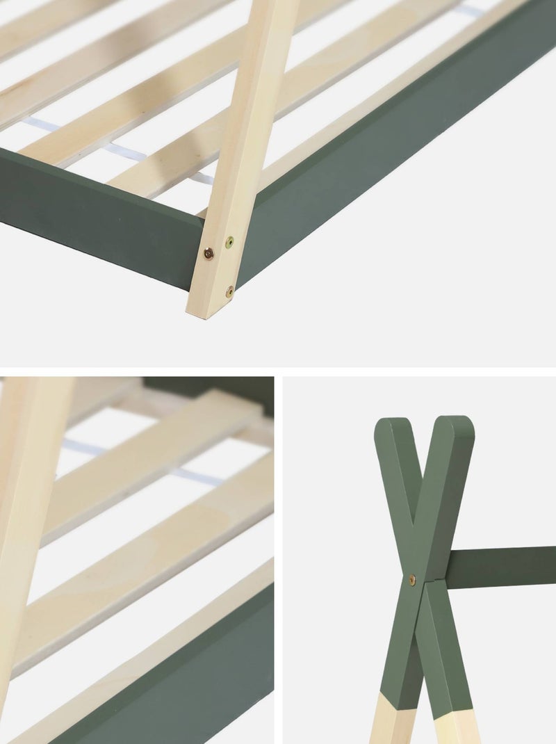 Lit tipi enfant 90 x 190cm bois de pin sommier à lattes inclus Tobias Vert - Kiabi