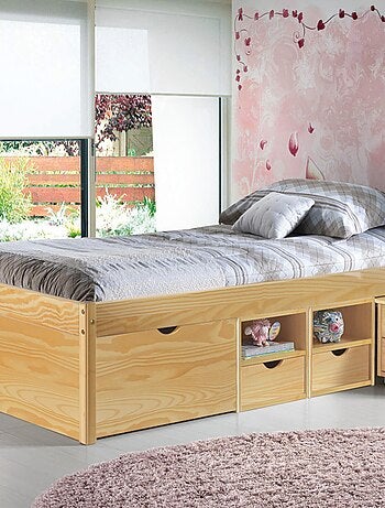 Lit tiroir en bois massif avec multiples rangements