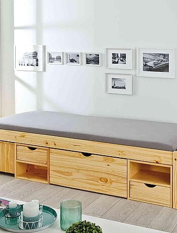 Lit tiroir en bois massif avec multiples rangements
