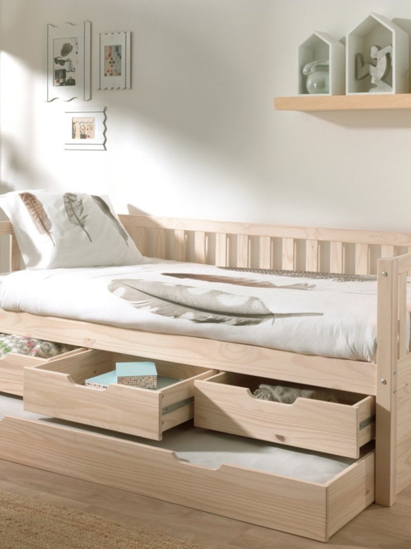 Lit tiroirs et lit gigogne pin massif naturel  AXEL Bois naturel - Kiabi