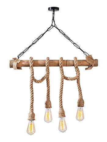 LOANE - Suspension rustique filaire 4 lampes cordes et bois