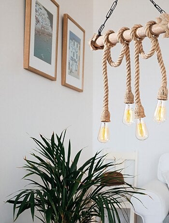 LOANE - Suspension rustique filaire 4 lampes cordes et bois