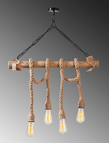 LOANE - Suspension rustique filaire 4 lampes cordes et bois