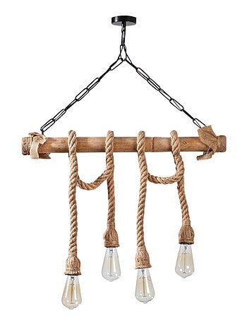 LOANE - Suspension rustique filaire 4 lampes cordes et bois