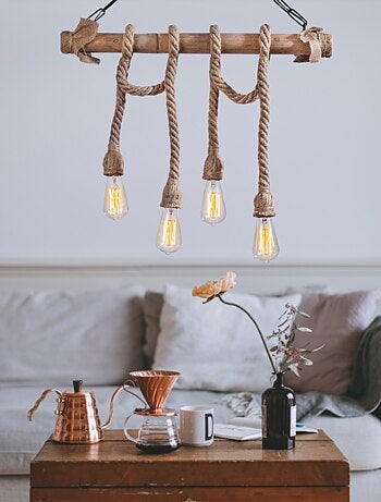 LOANE Suspension rustique filaire 4 lampes cordes et bois