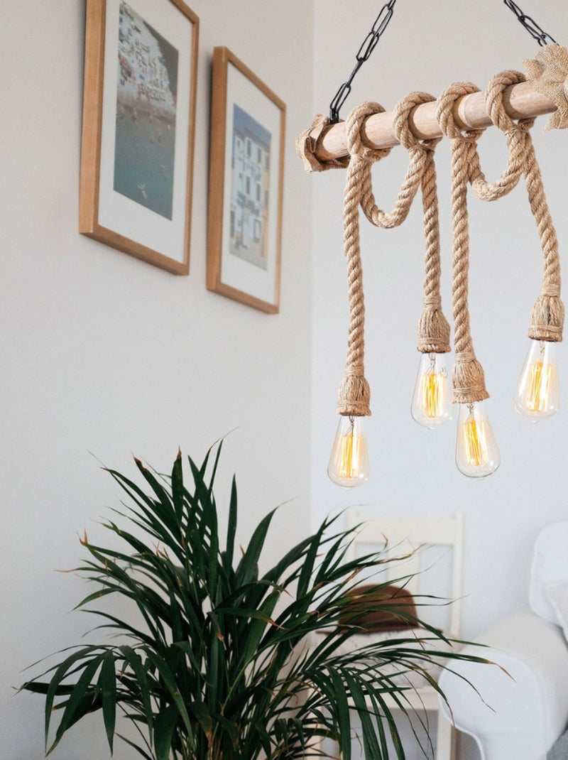 LOANE Suspension rustique filaire 4 lampes cordes et bois Marron - Kiabi